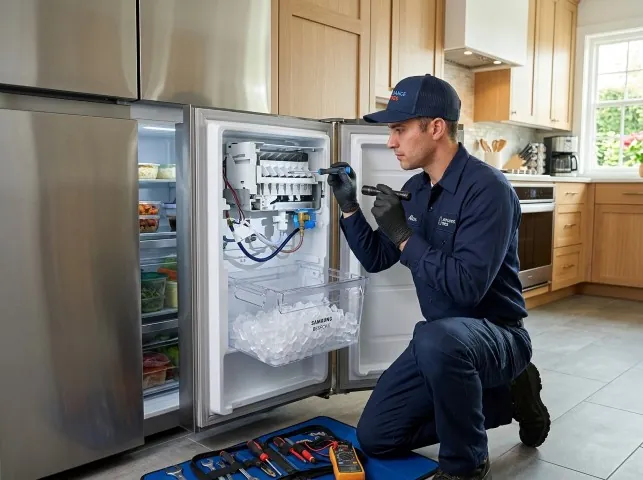 Appliance Repair Hero technician repairing a refrigerator ice maker in Brentwood, MD