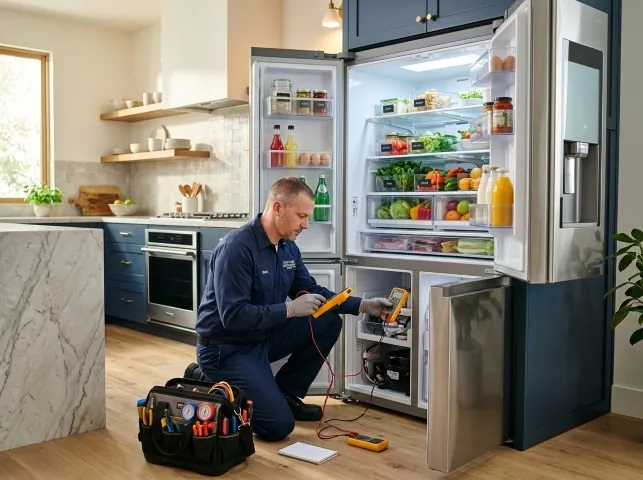 Appliance Repair Hero refrigerator technician testing a fridge on a Brentwood, MD service call